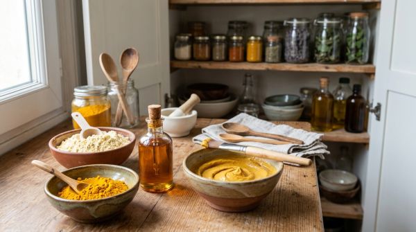Curcuma, farine de pois chiche, huile de sésame : la cosmétique du placard